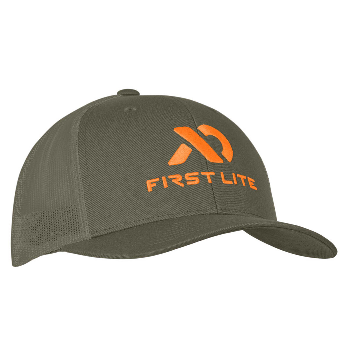 Dark green trucker hat with mesh sides and back, featuring an orange "FIRST LITE" logo and abstract symbol embroidered on the front.