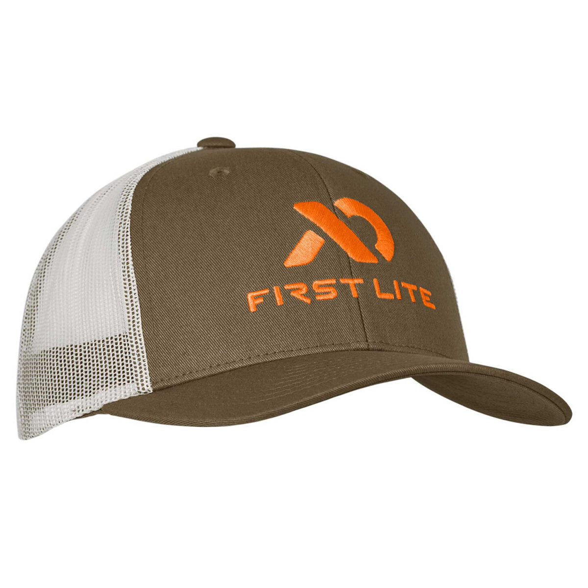 Brown and white mesh cap with orange First Lite logo embroidered on front.