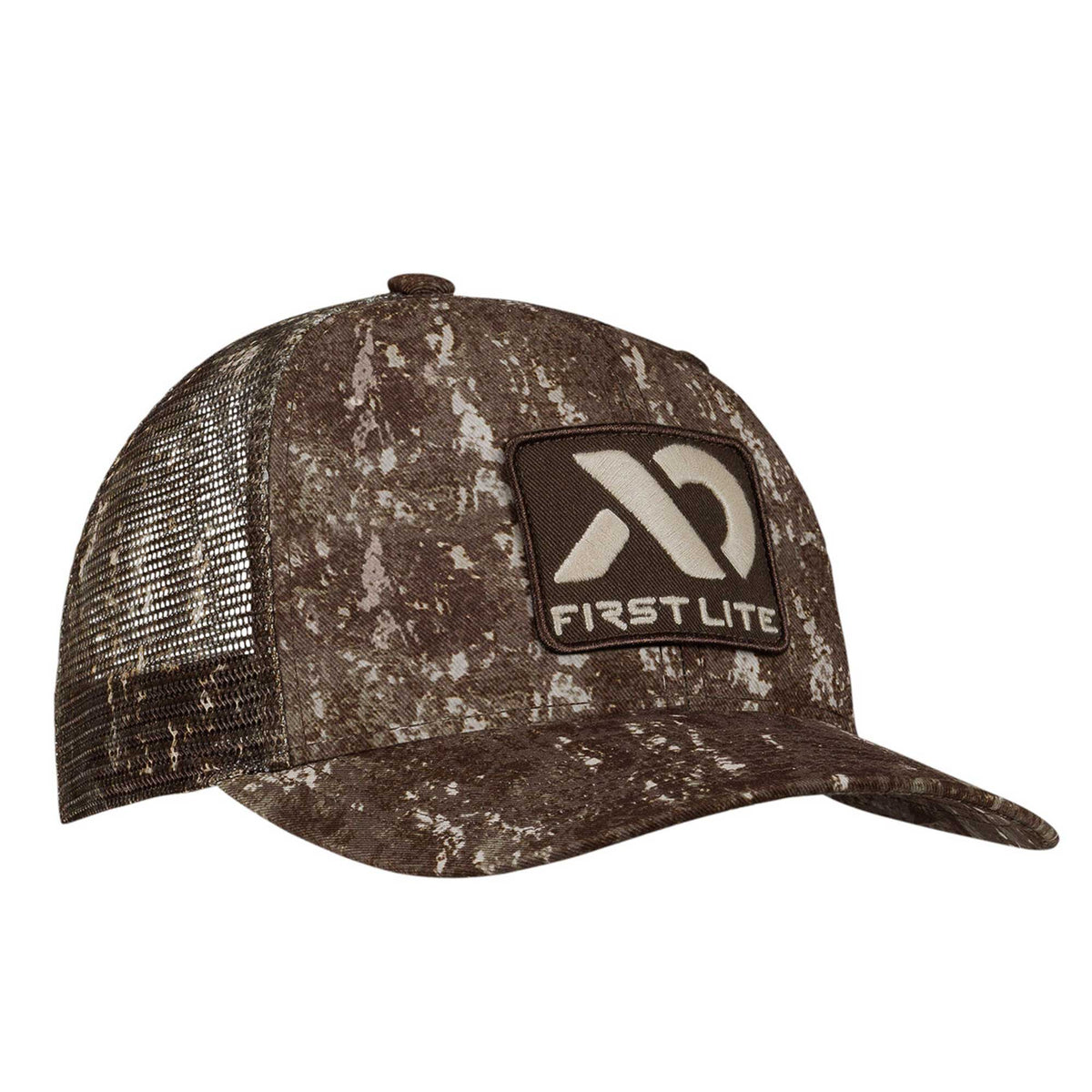 Brown camouflage trucker cap with mesh back and a front patch featuring the First Lite logo.