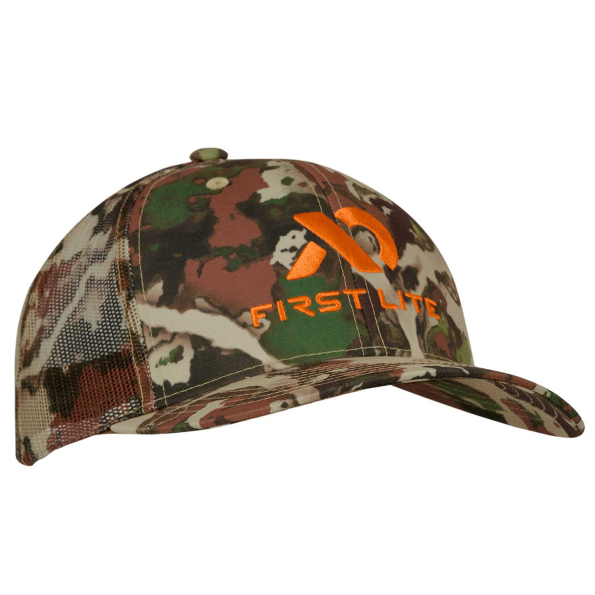 First Lite Fusion camouflage trucker hat with orange embroidered logo and text.