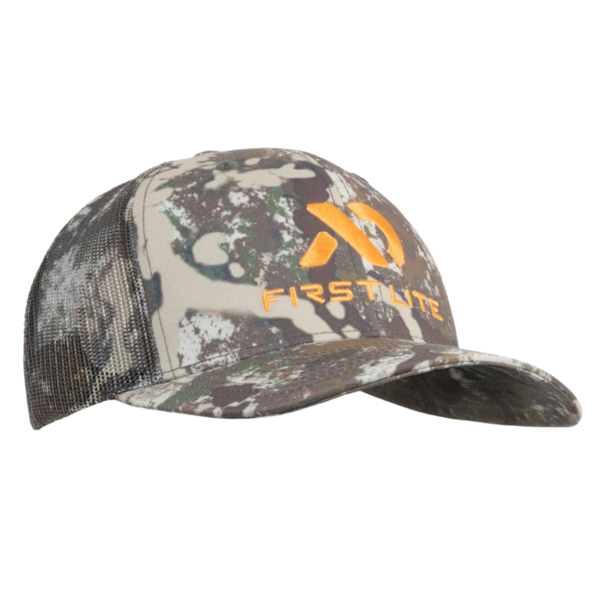 Camouflage baseball cap with dark mesh sides and an orange "FIRSTLITE" logo on the front.