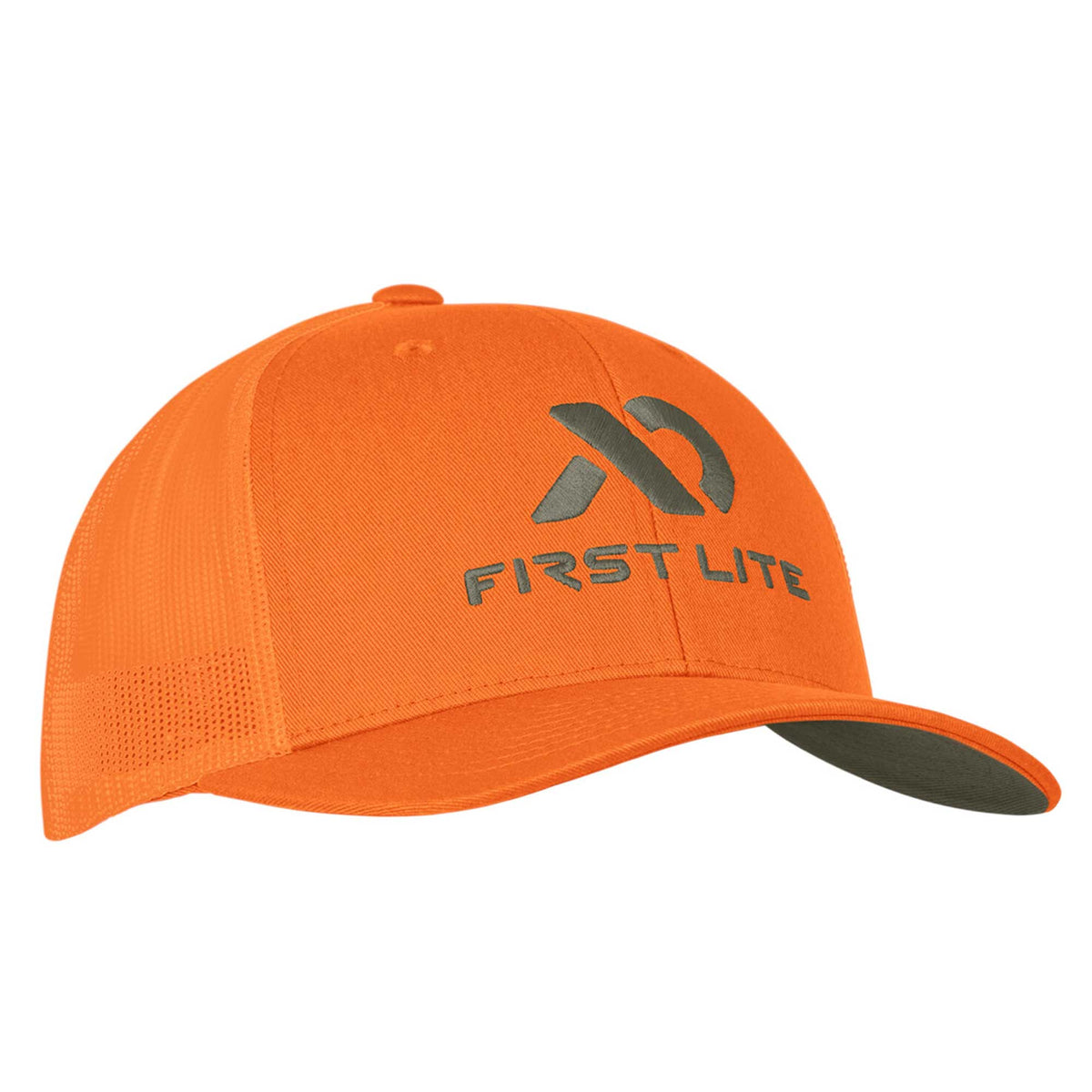 Orange mesh-back trucker hat with a dark gray 'FIRST LITE' logo on the front and a dark gray underside brim.