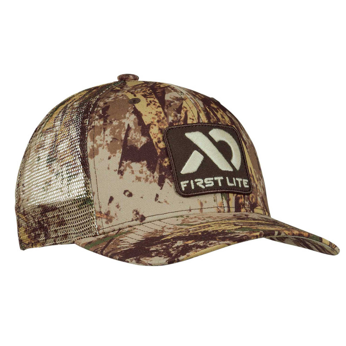 Camouflage trucker hat with a mesh back and a dark brown patch featuring the white First Lite logo.