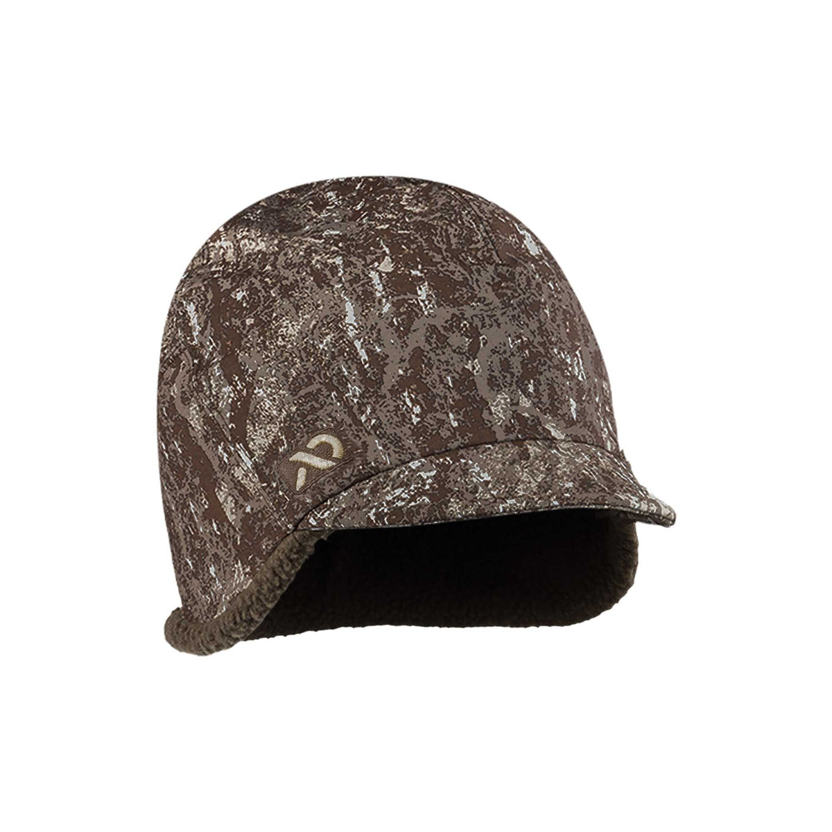 Brown camouflage winter hat with a short brim, ear flaps, and fuzzy lining.