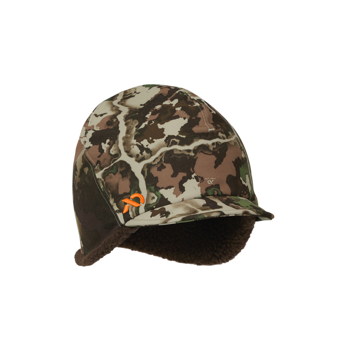 Multicolor camouflage ear flap hat with dark brown fuzzy lining and a small orange logo on the front.