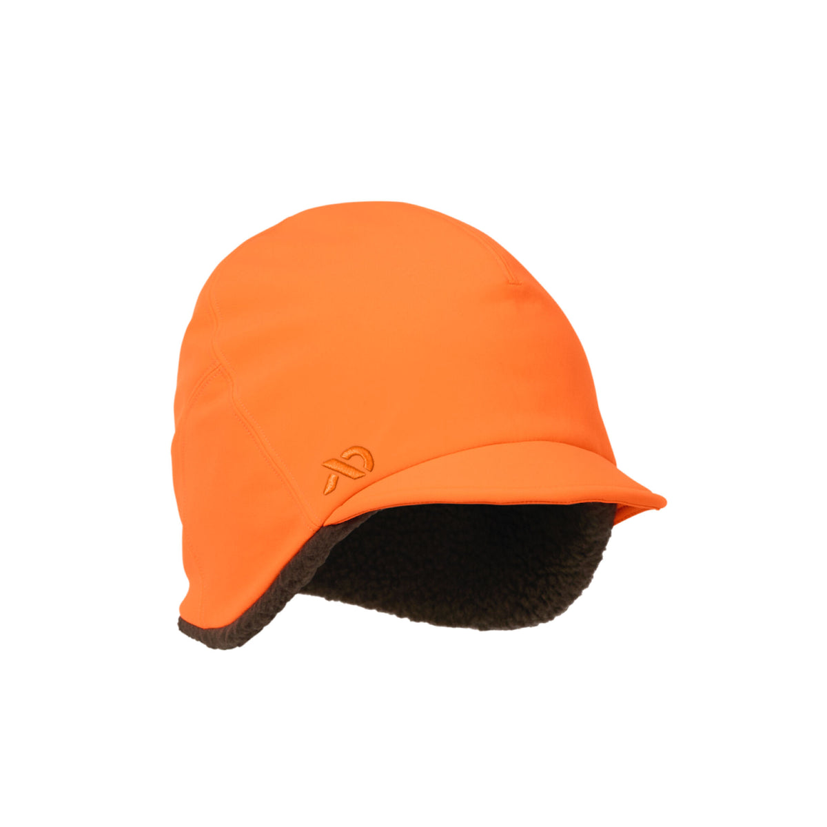 Fluorescent orange winter cap with ear flaps, a short brim, dark brown faux fur lining, and an embroidered logo.