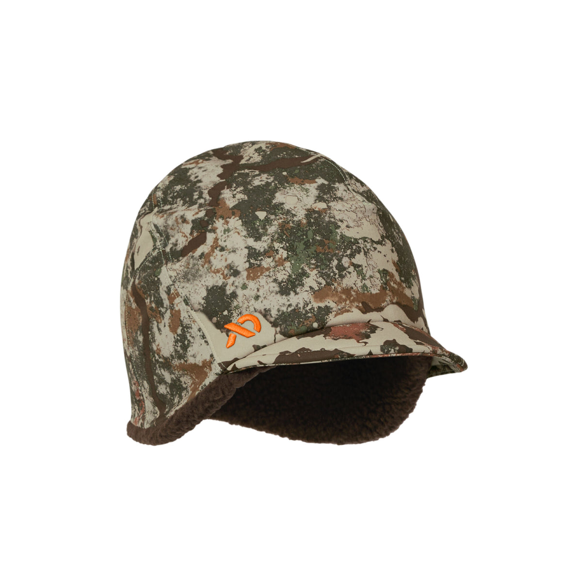 Camouflage hat with ear flaps, a short brim, brown fleece lining, and an orange logo.