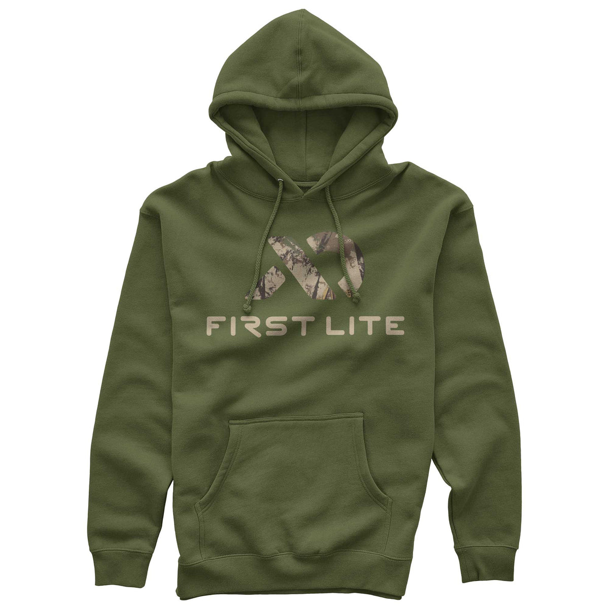 Olive green hoodie with a hood, drawstrings, front kangaroo pocket, and a "FIRST LITE" logo with a camouflage "FL" design.
