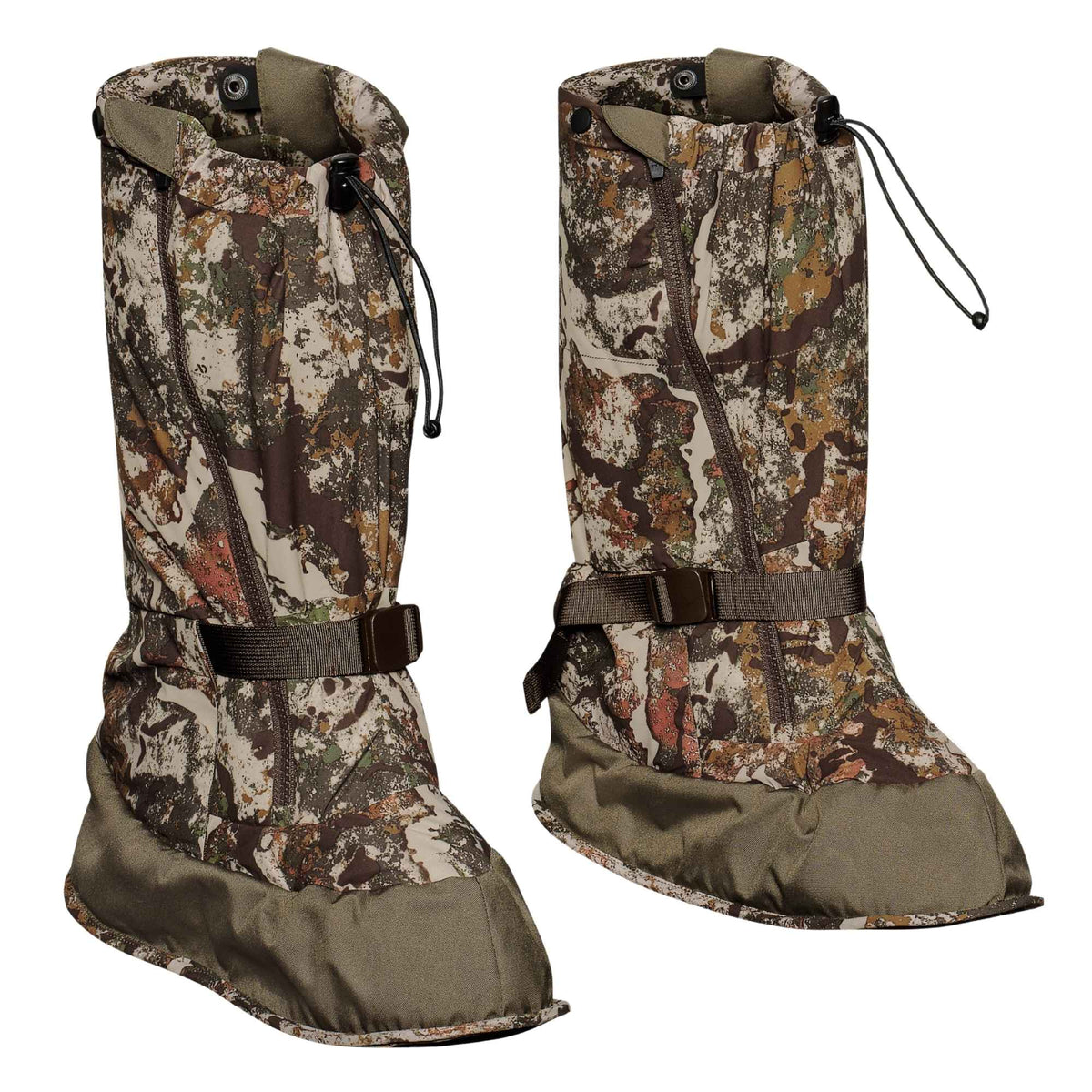 Camo overboots with bornw straps on a white background.