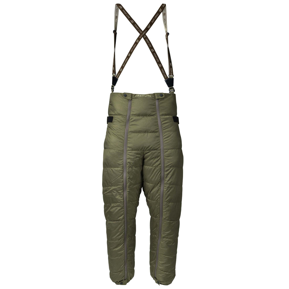Olive green quilted insulated bibs with full-length side zippers and "FIRST LITE" branded suspenders.