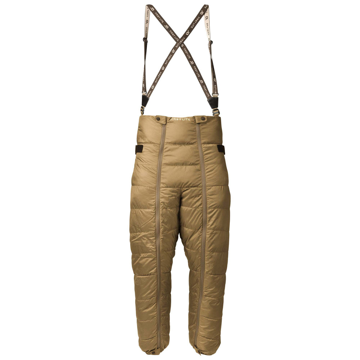 Coyote brown insulated bib pants with quilted fabric, full-length side zippers, and First Lite branded suspenders.