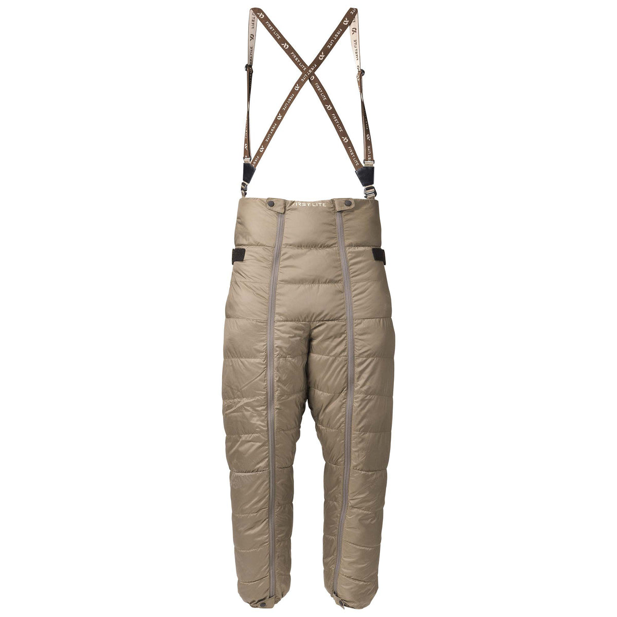 Walnut quilted insulated bib pants with branded suspenders, full-length leg zippers, and waist adjustment tabs.