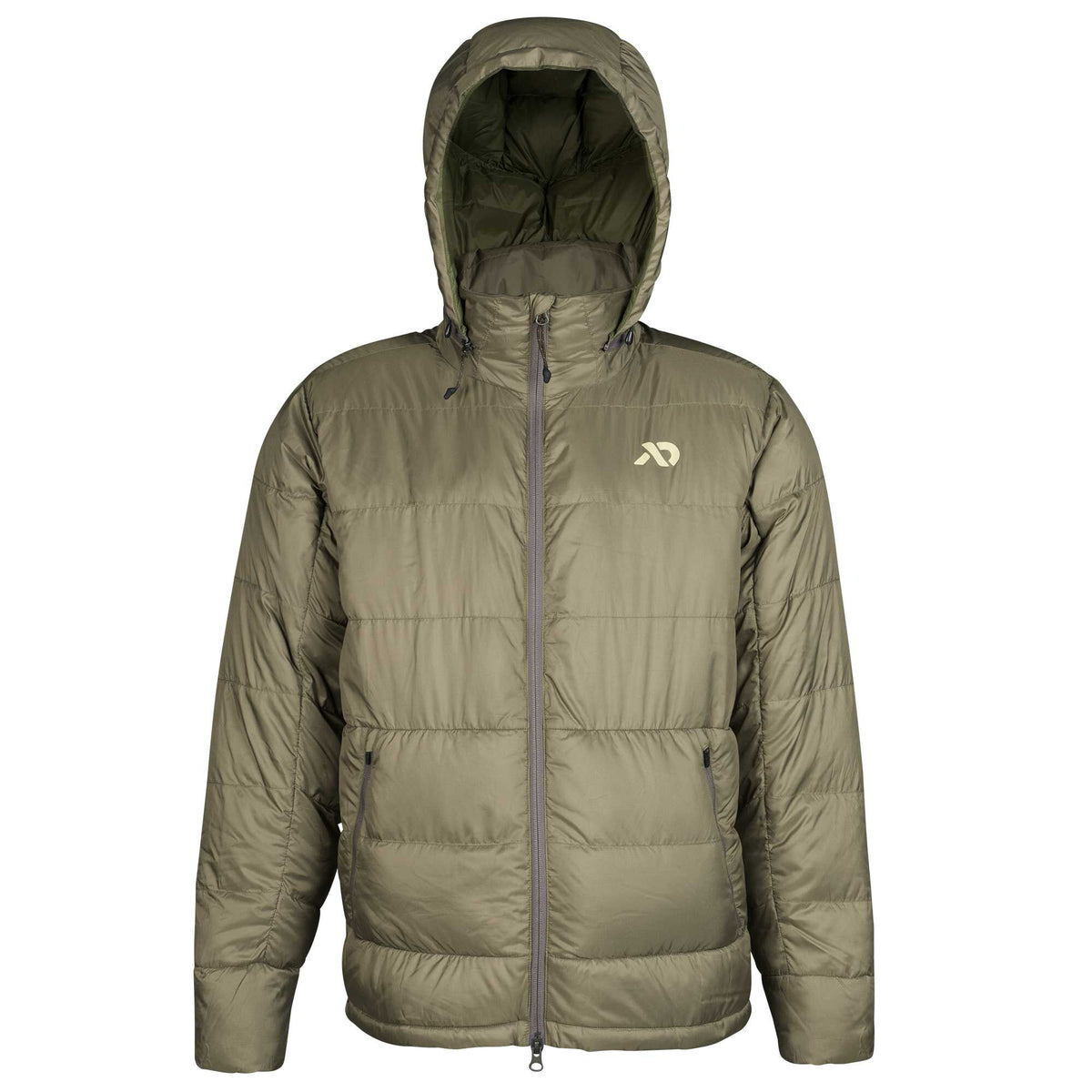 Olive green hooded puffer jacket with a full front zipper, two zippered hand pockets, and a light-colored logo on the left chest.