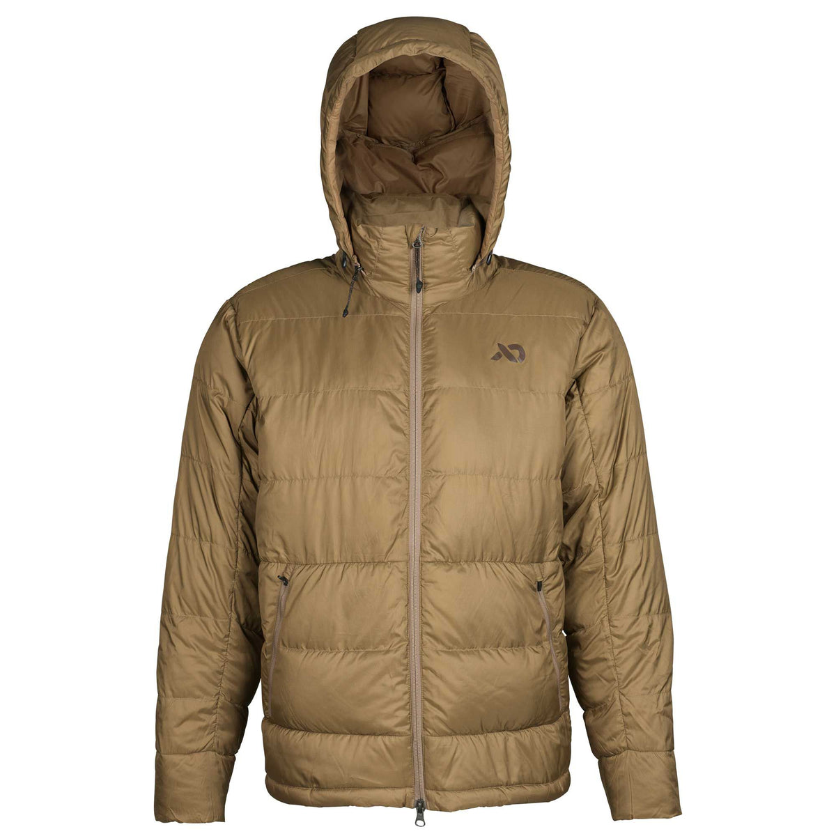 Tan hooded puffer jacket with a full zipper, horizontal baffles, and two zippered hand pockets.