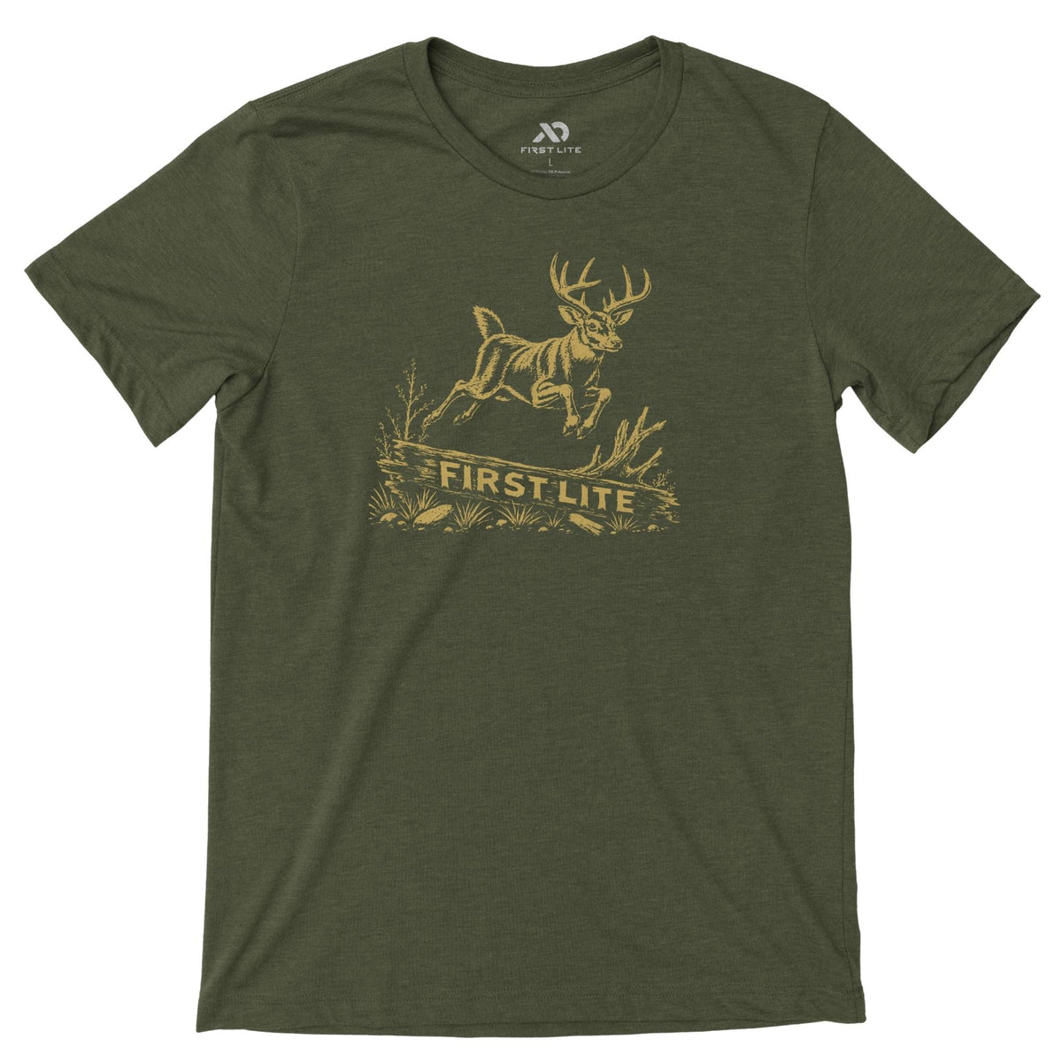 Military heather T-shirt featuring a deer in yellow tones jumping over a log and the log has "FIRST LITE" text on it.