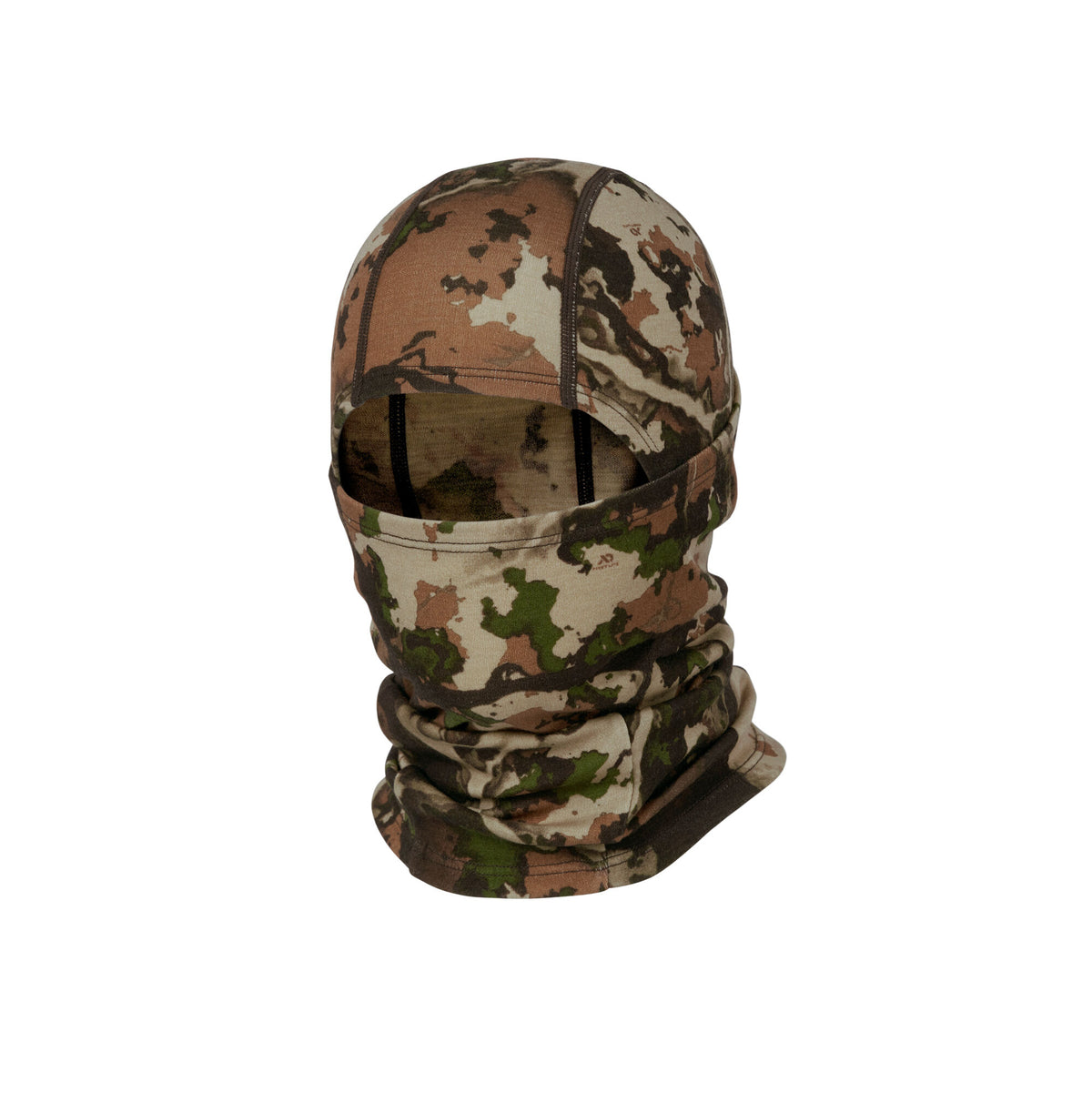 Multi-color camouflage balaclava with a single opening for the eyes and an integrated neck gaiter.
