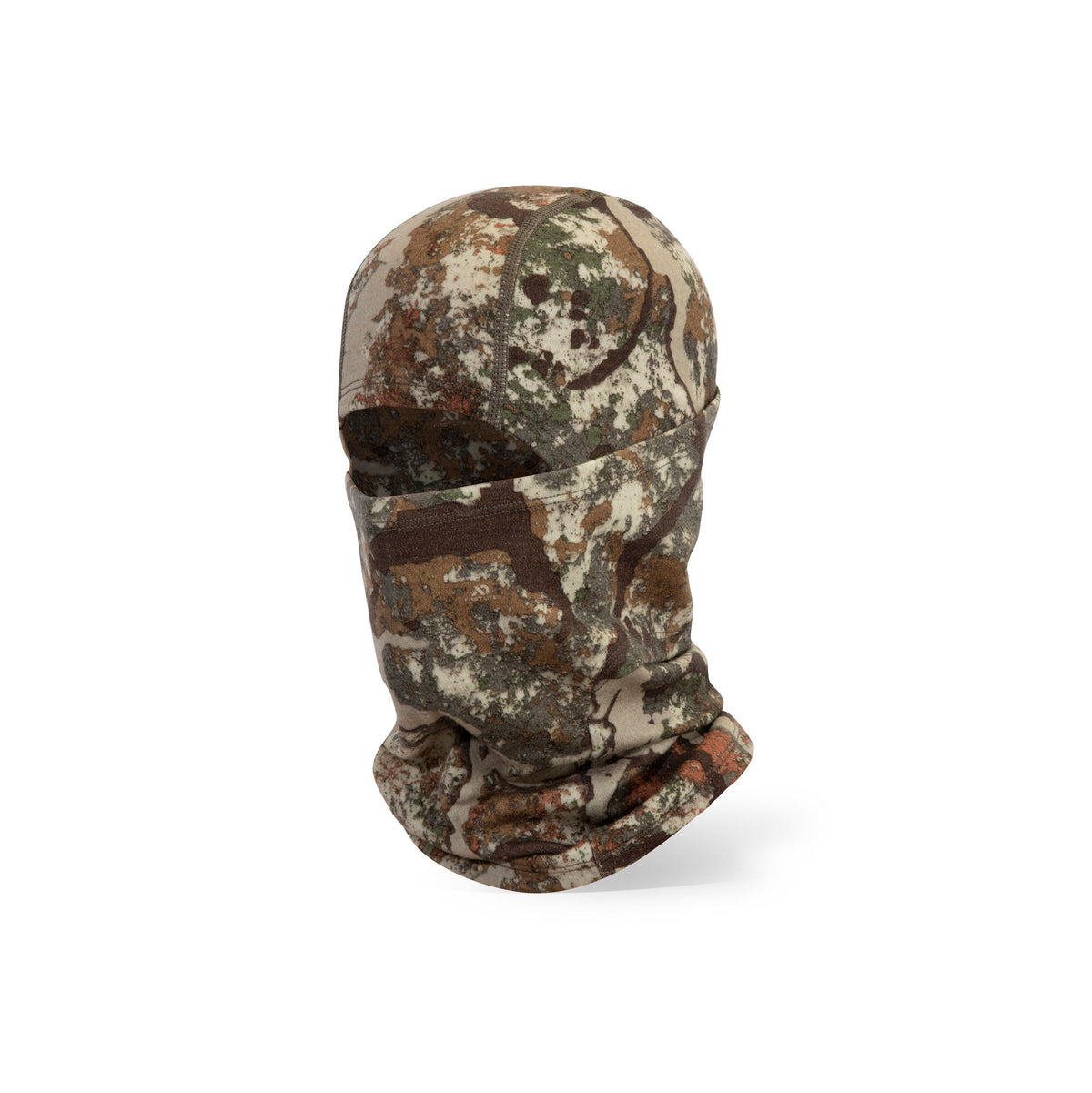 Camouflage balaclava in a mottled pattern of brown, green, and tan, with a single face opening.