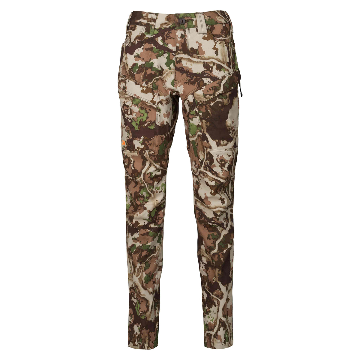 Camouflage outdoor pants with multiple cargo pockets, a button waist, and an orange logo on the left leg.