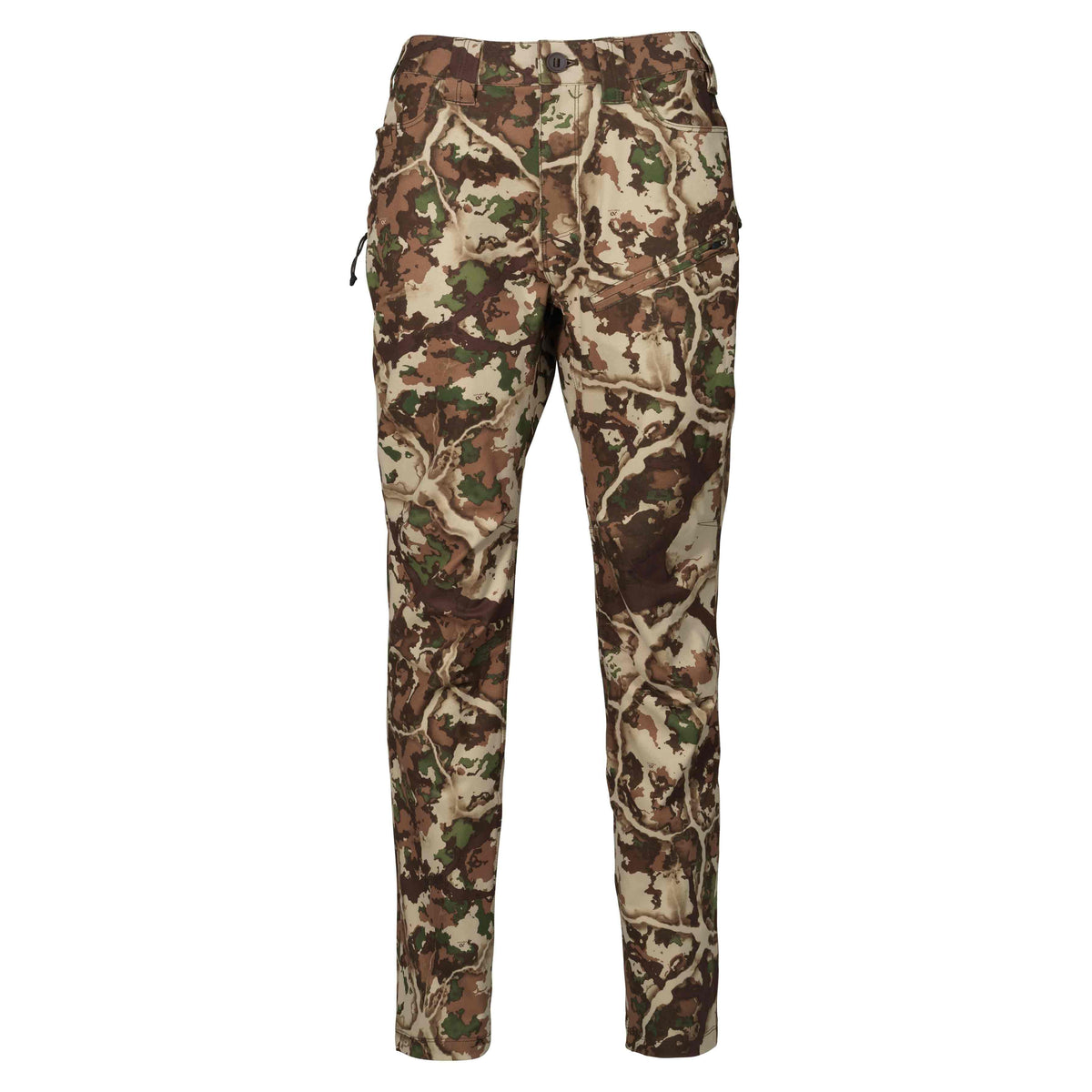 Hunting pants in a brown, green, and tan tree branch camouflage pattern, featuring a button closure and a zippered thigh pocket.