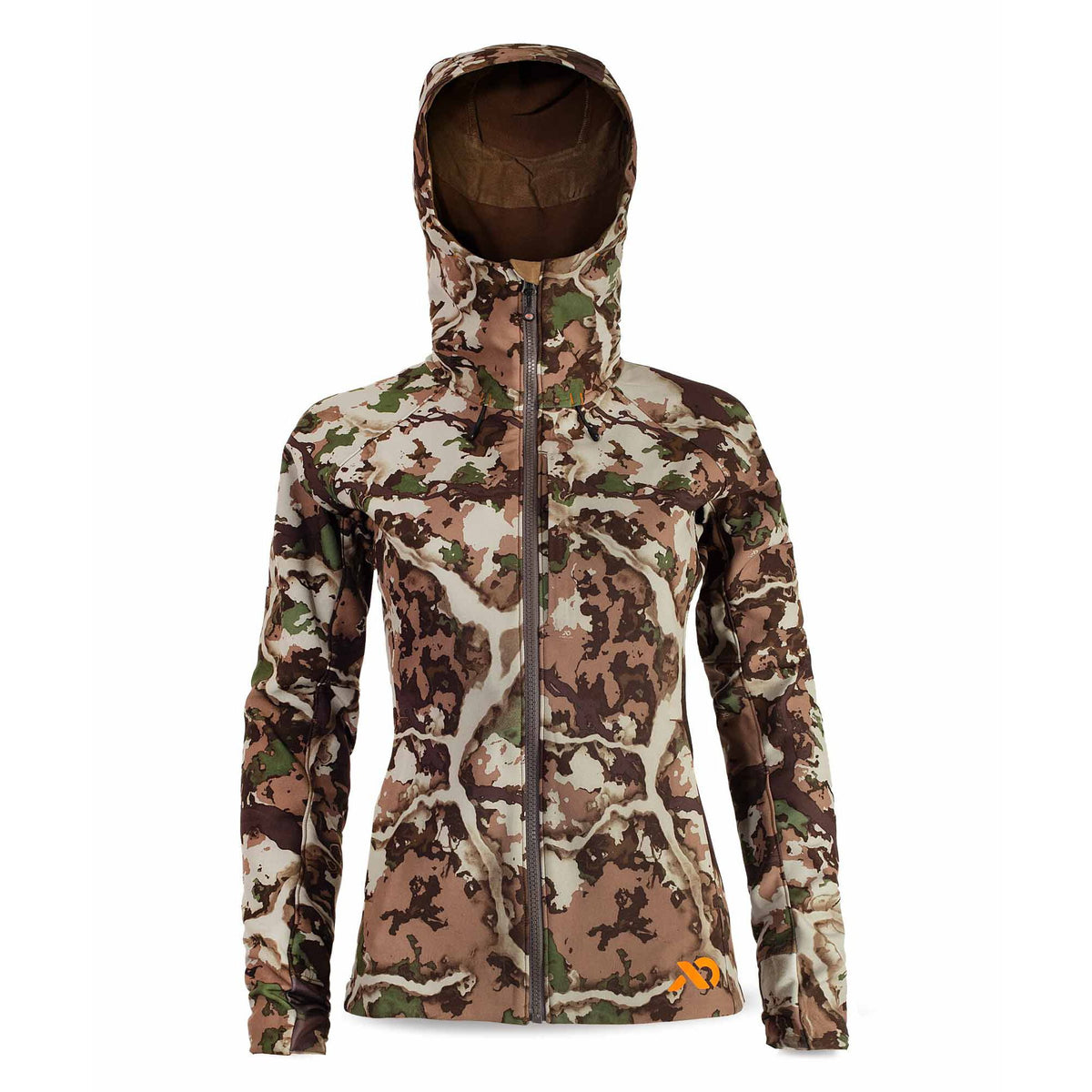 A brown, green, and tan camouflage hooded jacket with a full zipper and an orange logo on the lower right.