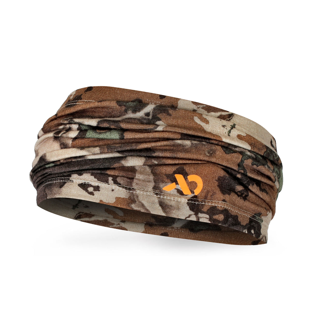 Earthy-toned camouflage headband with a ruched texture and an orange logo.