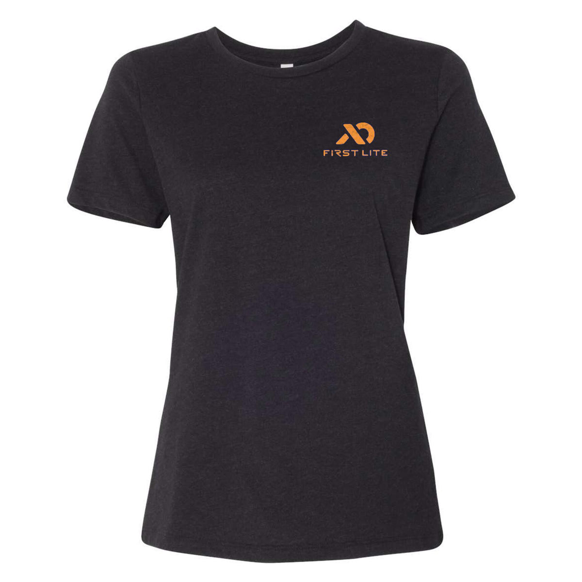 Dark gray heathered t-shirt with an orange "FIRST LITE" logo on the left chest.