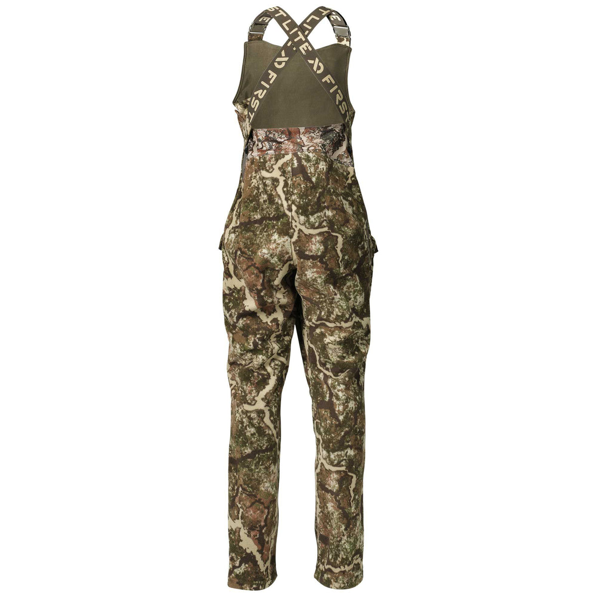Camouflage hunting bib pants with olive green First Lite branded crisscross straps.