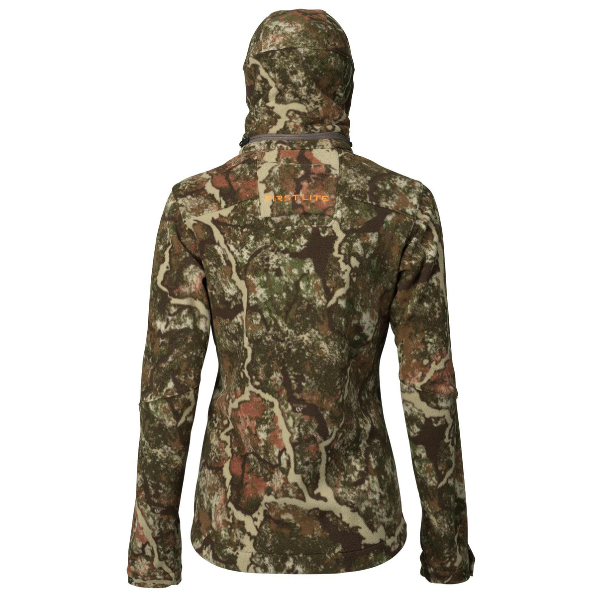Back view of a First Lite camouflage hooded fleece jacket featuring green, brown, and orange bark patterns.