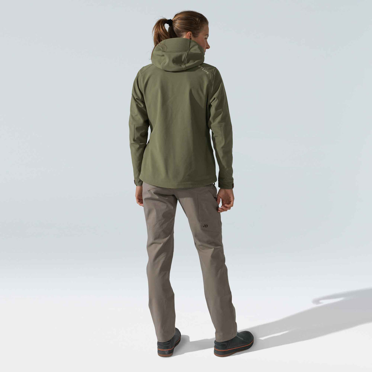 Khaki green hooded jacket with a white 'FIRST LITE' logo on the upper back.