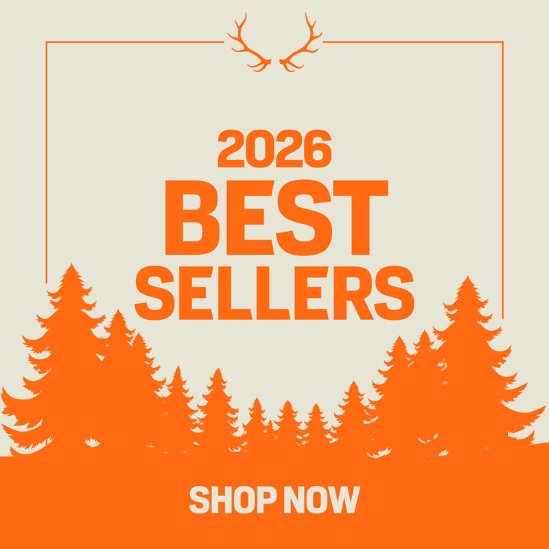 Promotional graphic with the text '2026 BEST SELLERS' in orange on a light beige background, decorated with orange deer antlers at the top and orange pine tree silhouettes along the bottom. 'SHOP NOW' appears in white at the bottom.
