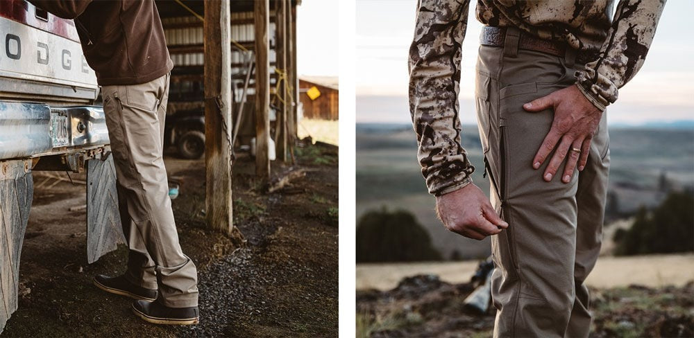Tan men's outdoor pants with prominent zippered thigh pockets.