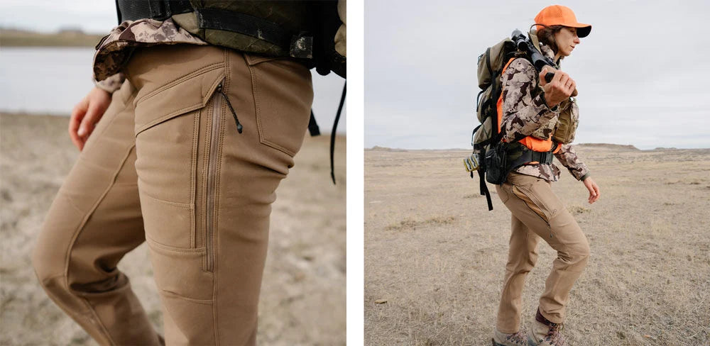 Tan outdoor pants with zippered thigh pockets and articulated knees.