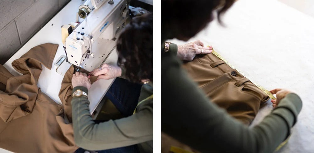 Brown hooded top sewn and brown trousers with belt loops measured.