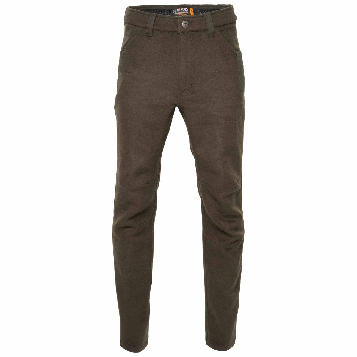 Olive green wool hunting pants on a white studio background.