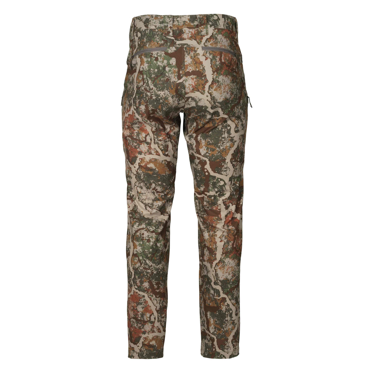 Multi-color camouflage hunting pants, rear view, with grey zippered back pockets.