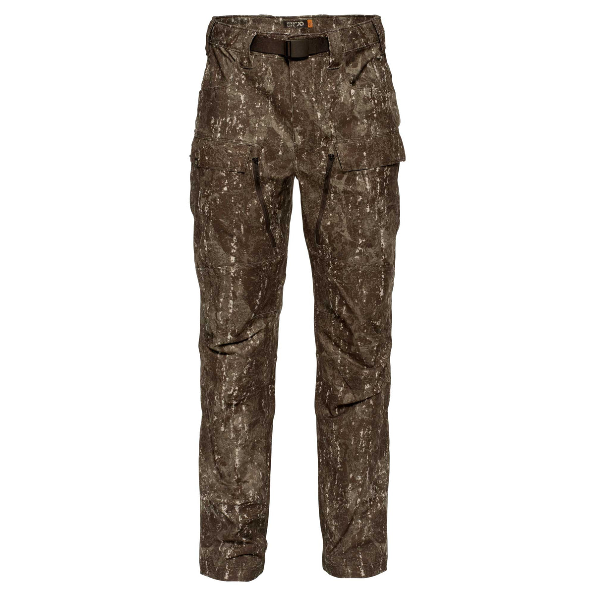 Brown and tan camouflage hunting pants with a web belt, cargo and zippered thigh pockets, and reinforced knees.