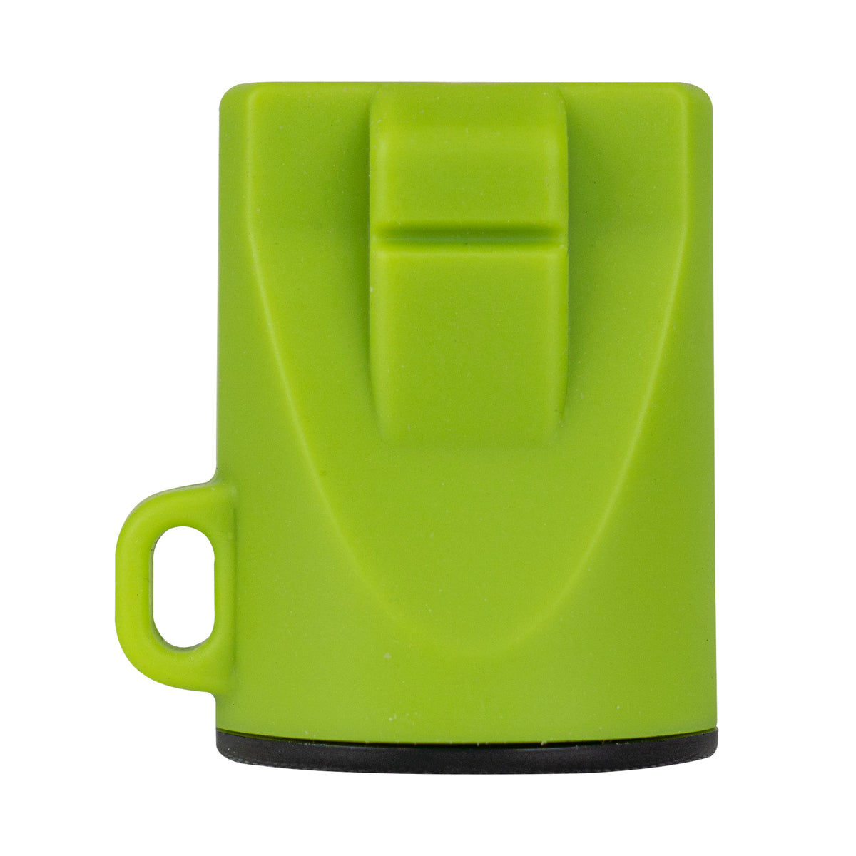 Lime green rectangular holder with a prominent rear clip, a side loop, and a black base.
