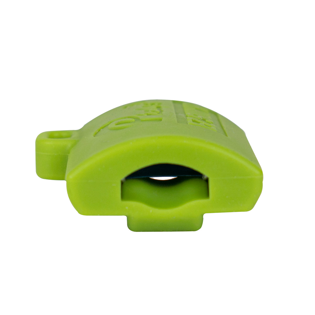 Lime green plastic dog training whistle with an internal reed and lanyard loop.