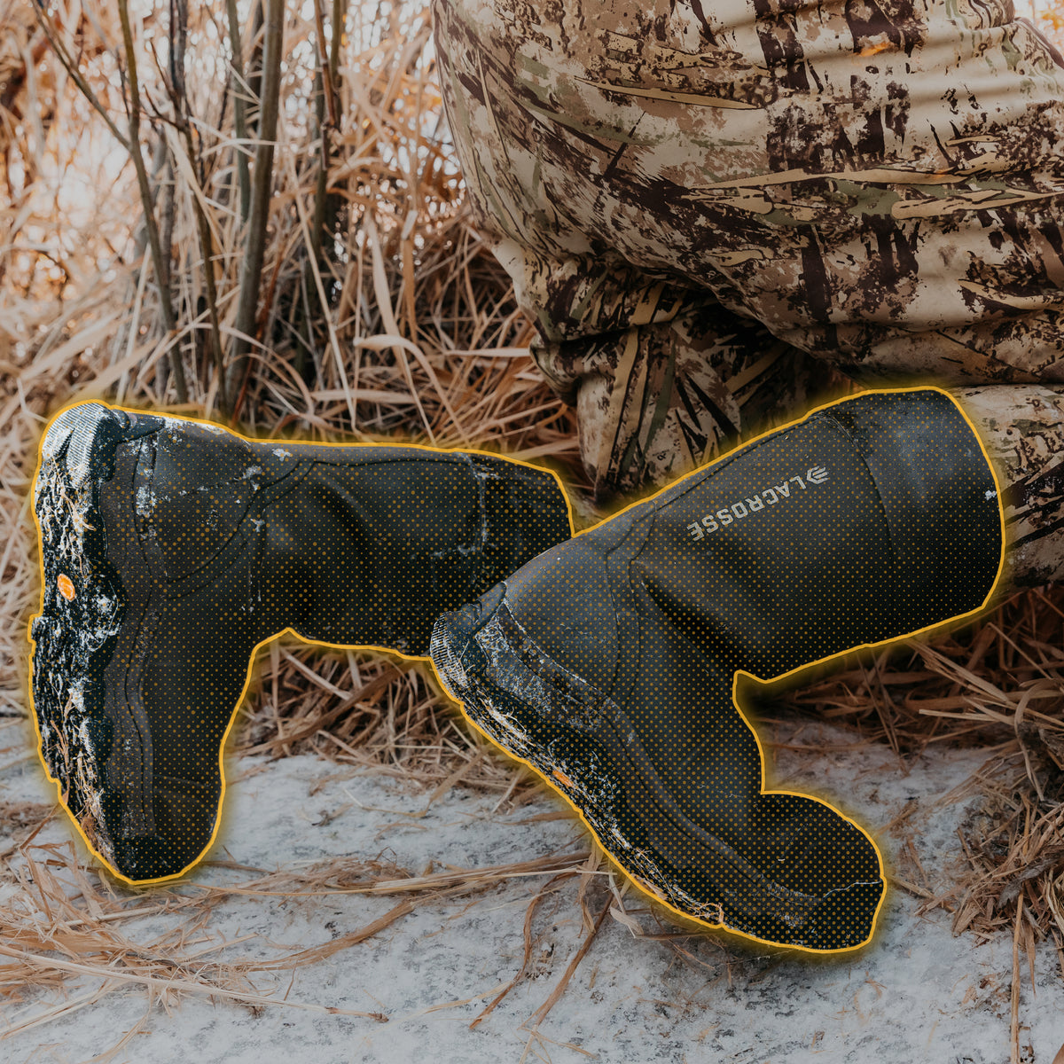 Black LaCrosse boots covered in snow and dirt.