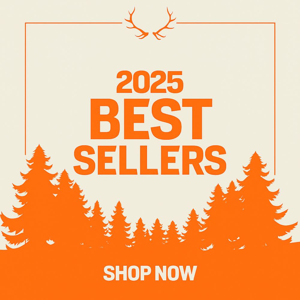 Orange "2025 BEST SELLERS SHOP NOW" graphic with deer antlers and pine trees.