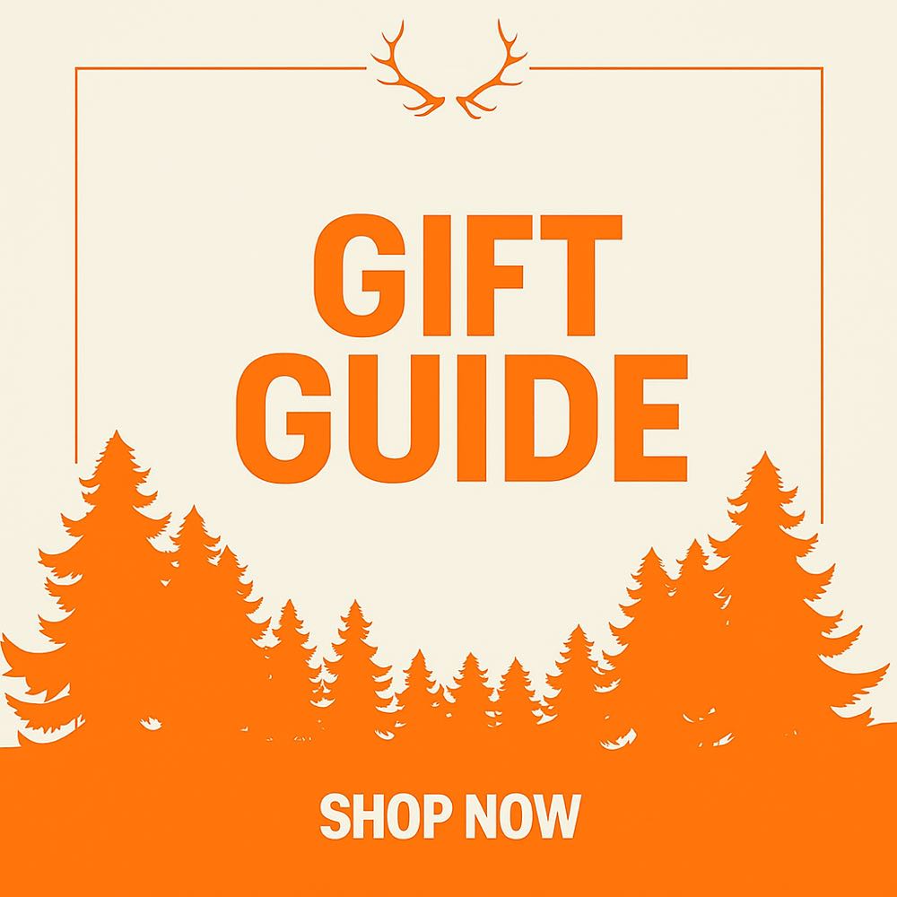 Orange "Gift Guide" banner with antlers, pine trees, and "Shop Now" text.