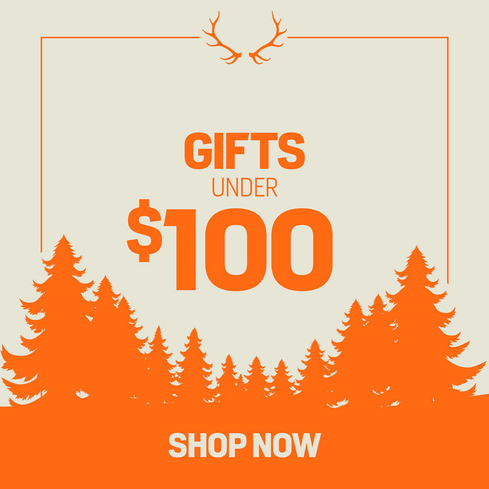 Orange ad: Gifts under $100 with antlers, pine trees, and Shop Now text.