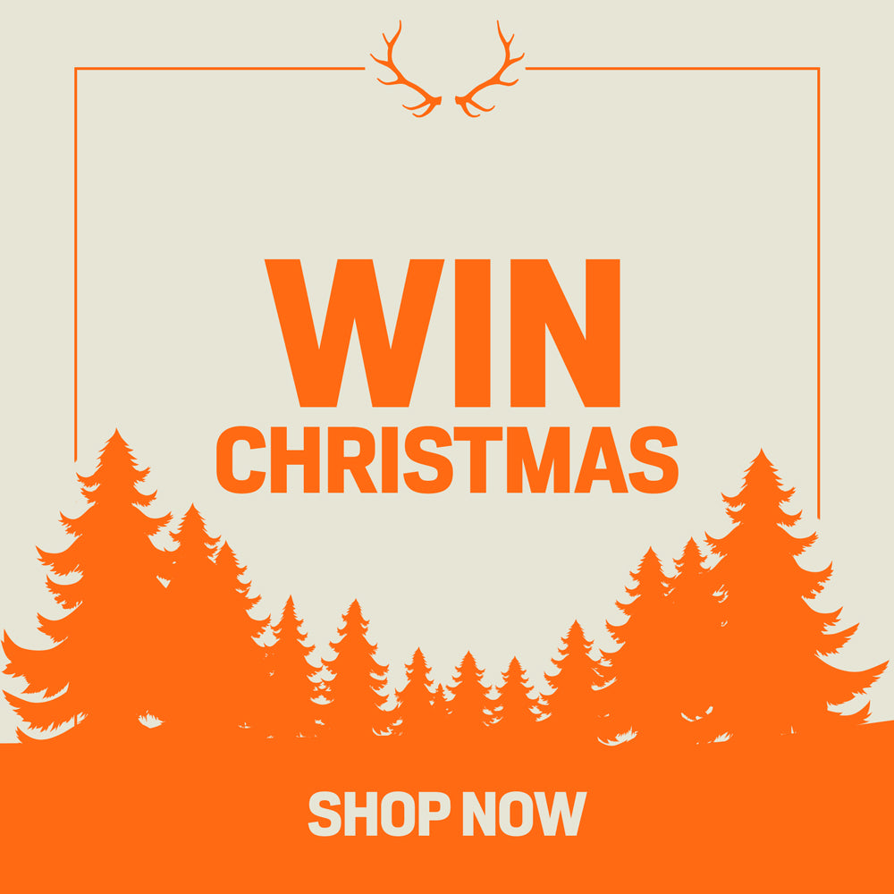 Orange and grey holiday ad with antlers, pine trees, 'WIN CHRISTMAS', and 'SHOP NOW'.