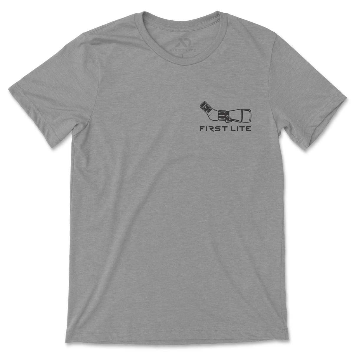 Grey t-shirt with a black rangefinder graphic and "FIRST LITE" text on the left chest.