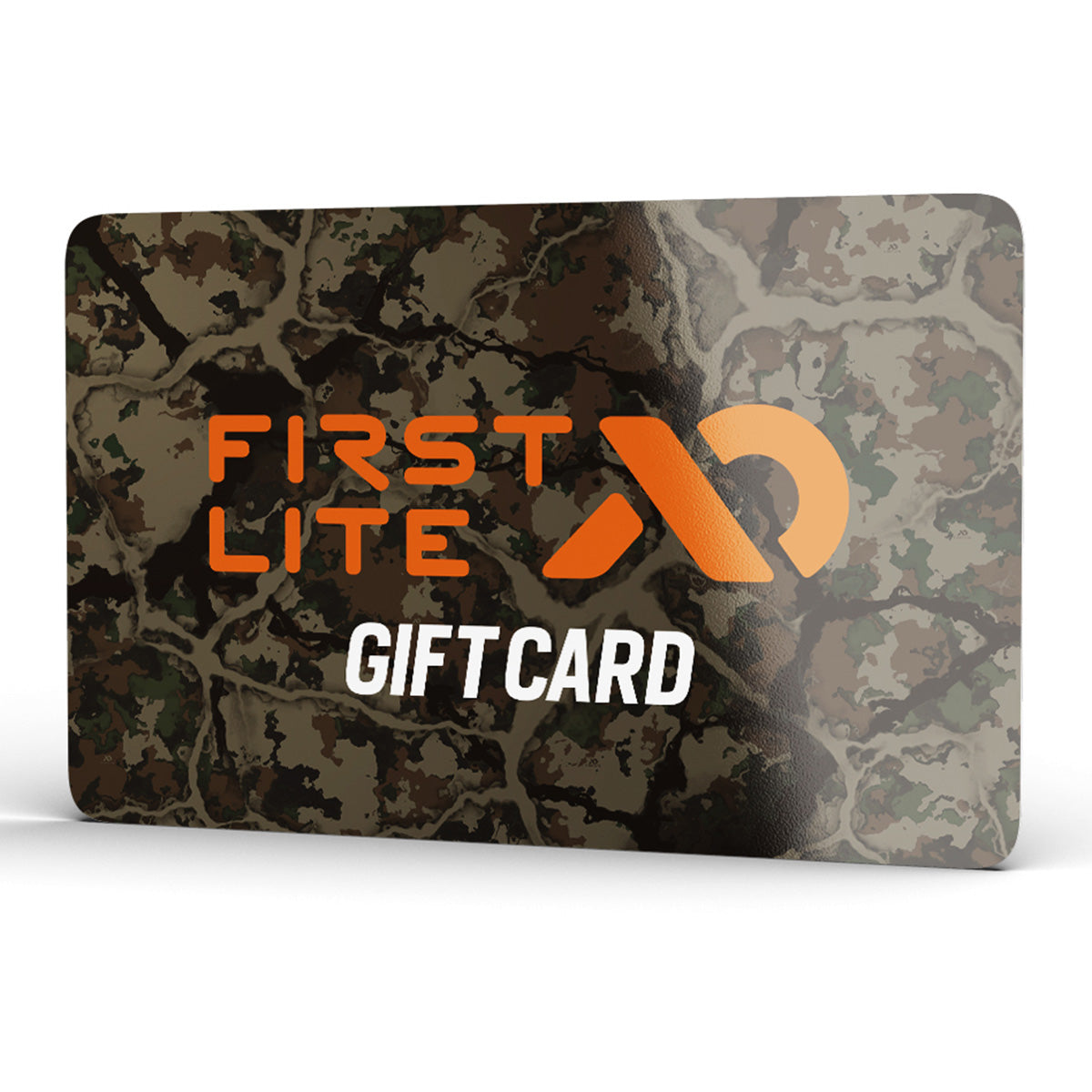 First Lite gift card featuring a brown and green camouflage pattern, with the orange 'First Lite' logo and 'GIFT CARD' text.