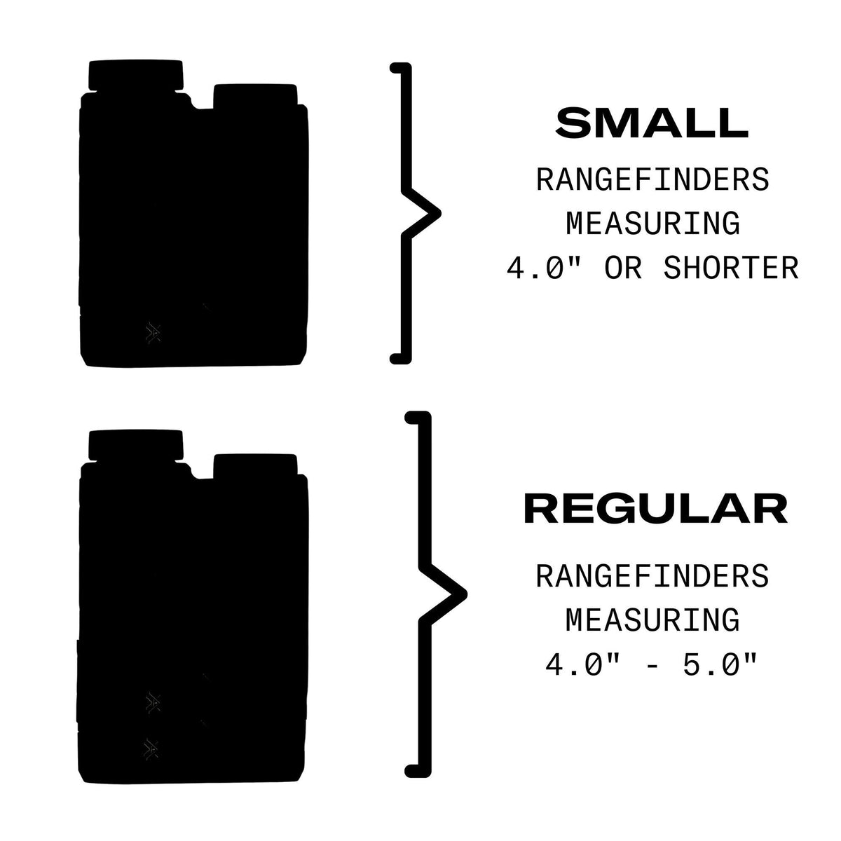 Black silhouettes of rangefinders showing 'SMALL' for 4.0" or shorter and 'REGULAR' for 4.0" to 5.0" sizes.