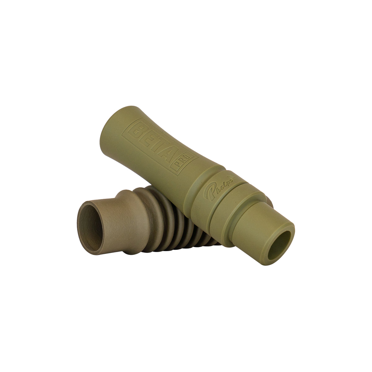 Two game call components, an olive green barrel with embossed 'BETA PRO Phelps' branding, and a dark tan ribbed flexible piece, overlapping.