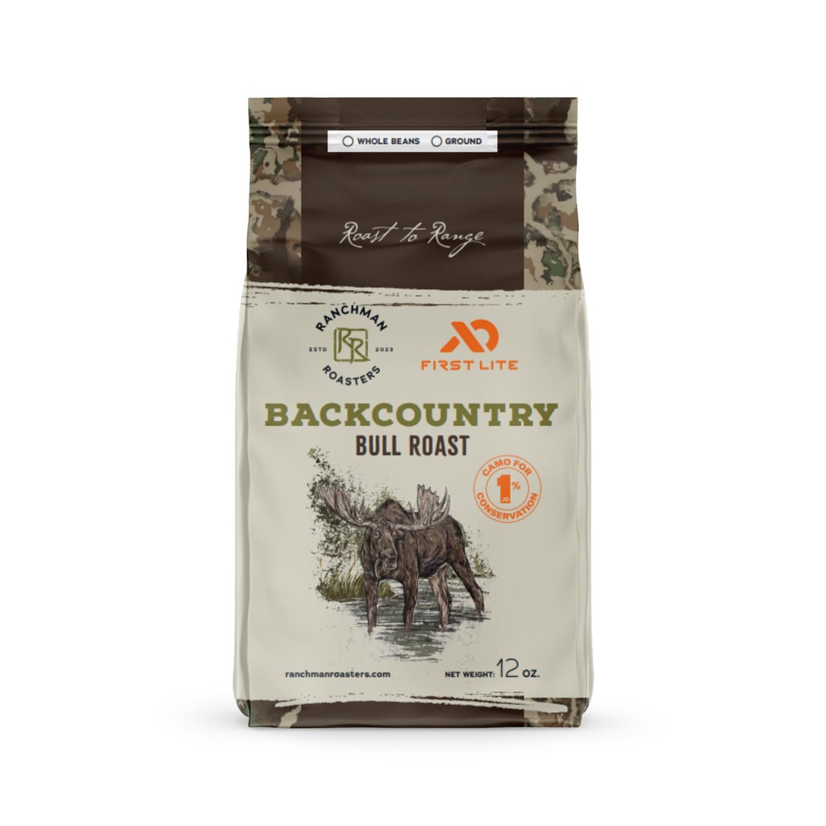 Coffee bag labeled 'Backcountry Bull Roast' with branding on a white background