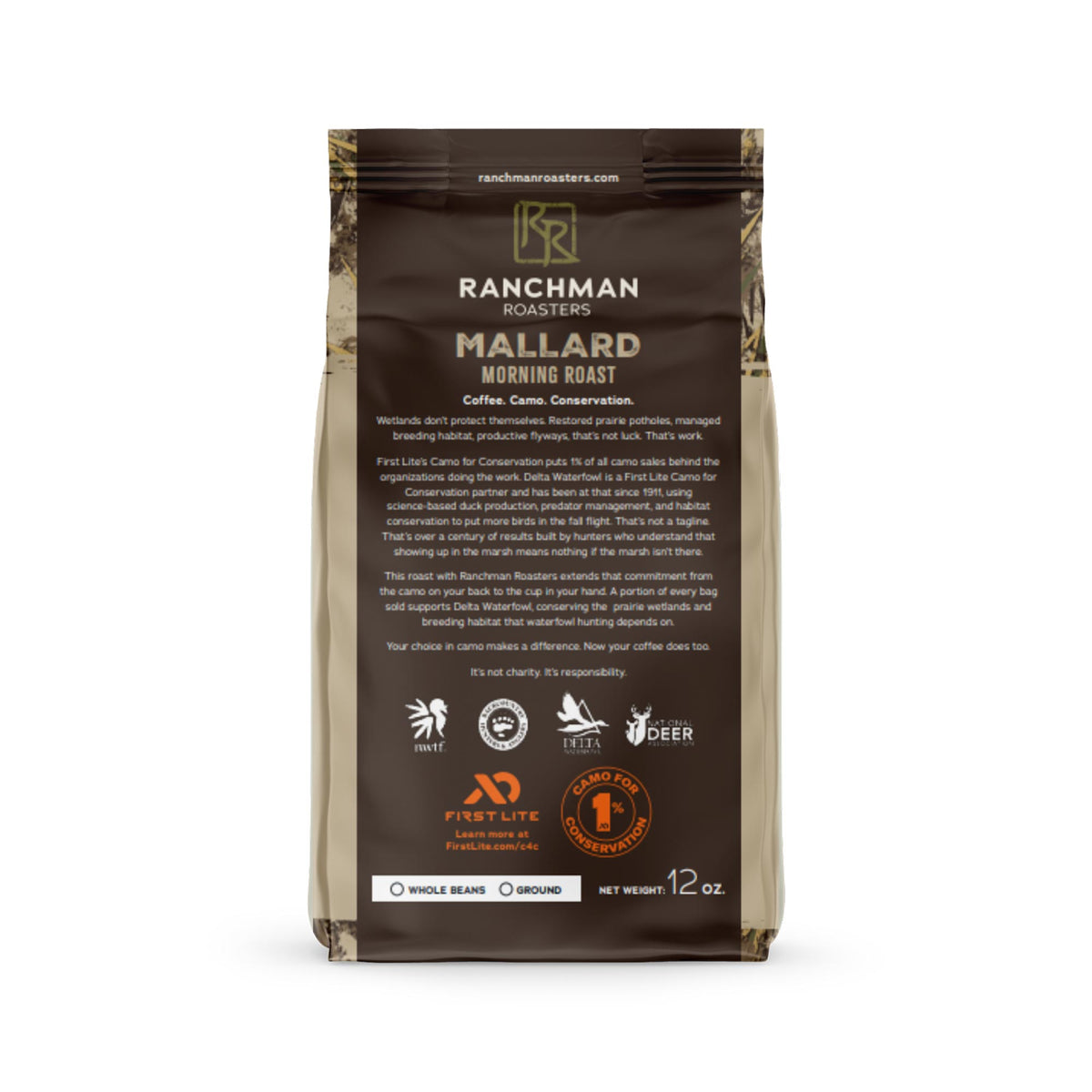 Ranchman Roasters coffee package with branding and product details on a white background