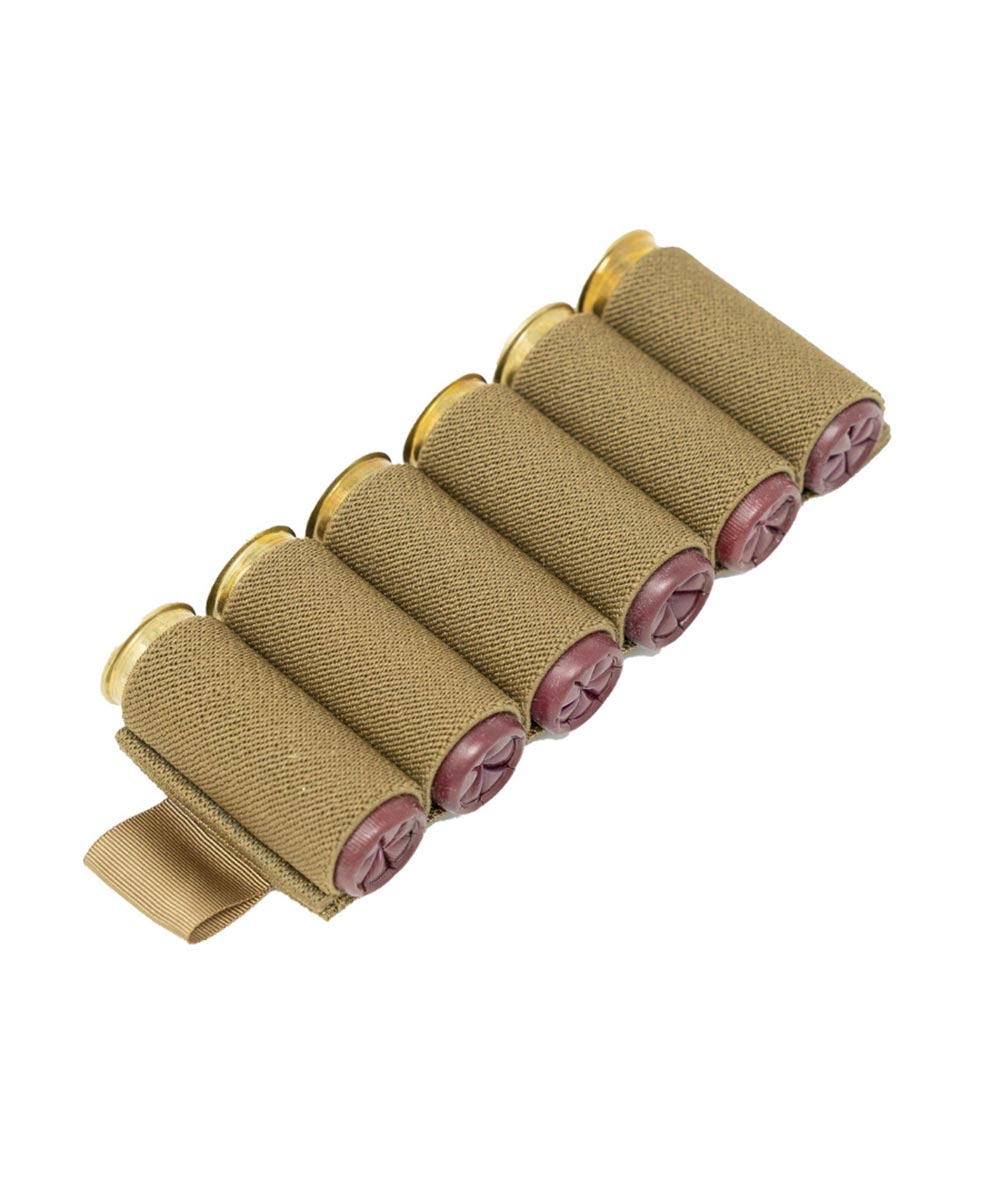 Tan elastic 6-round shotgun shell holder featuring maroon-tipped shells with brass bases and an attachment strap.